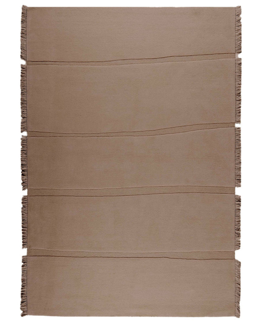 Brown woven rug with fringes on a white background