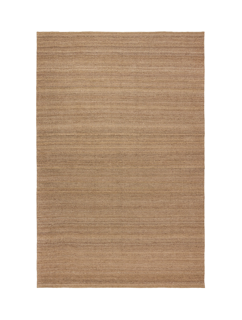 A rectangular natural jute rug with a textured, woven horizontal pattern in warm tan and light brown tones, shown flat against a solid white background.