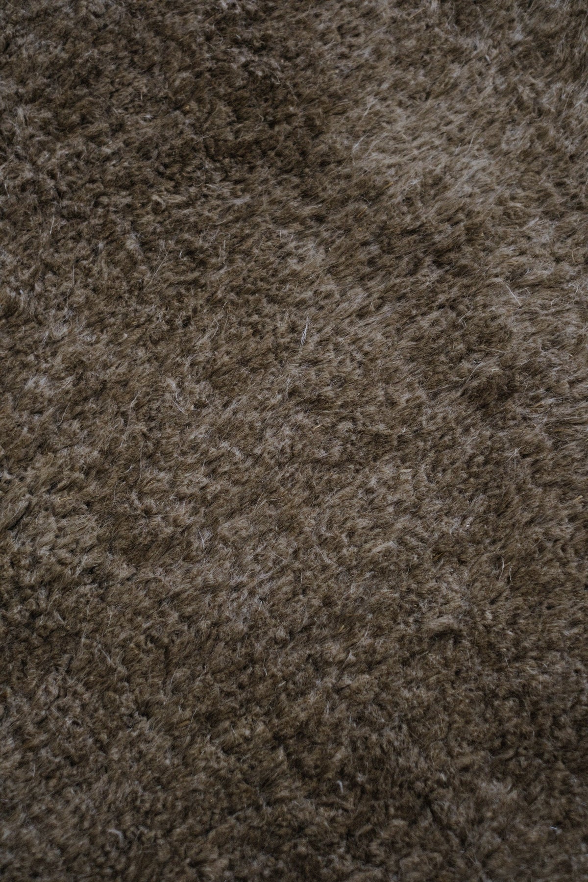 A close-up texture shot of a shaggy, loop-pile carpet in a medium brown color.